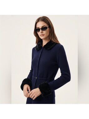 Zara Navy Trench Coat with Black Faux-Fur Collar & Cuffs